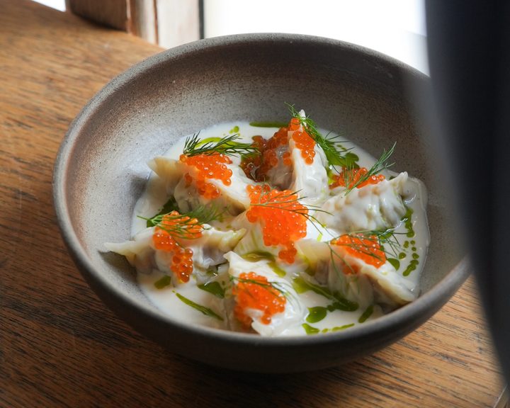Giouvarlakia lamb and beef dumplings with egg-lemon sauce and trout roe at OPSO