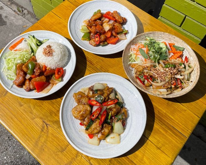 Vegetarian rice and noodle dishes at Pho District in Hammersmith