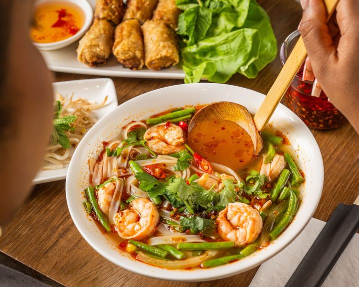 Prawn noodle soup with herbs from the Pho restaurant menu