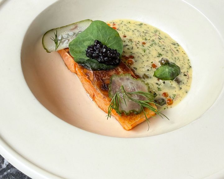 Hazelnut-crusted chalk stream trout with beurre blanc and caviar at Portland