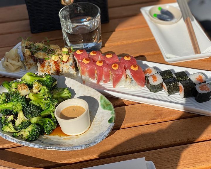 Sushi rolls and broccoli at Sticks’n’Sushi Covent Garden