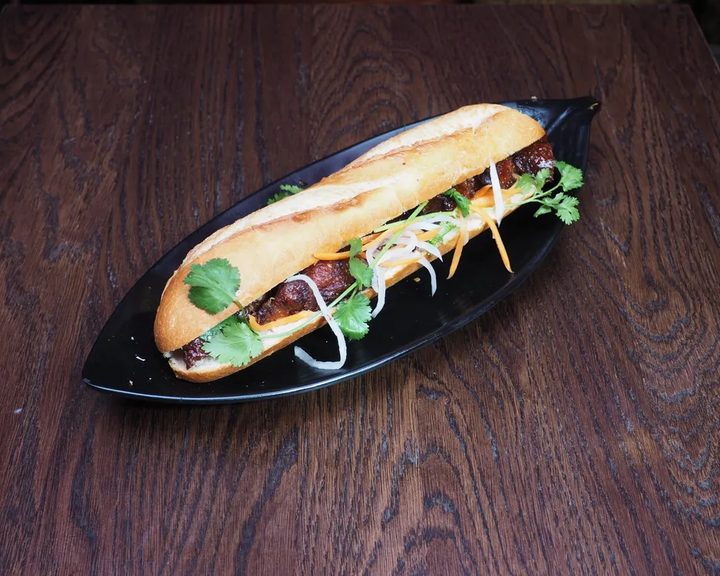 A filled Vietnamese banh mi baguette at Viet Eat in Holborn